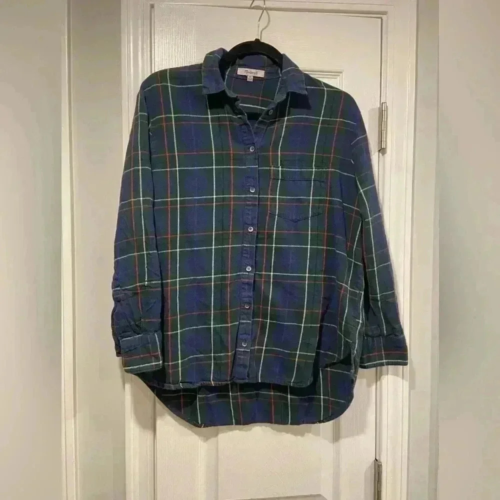 Madewell Women’s Blue Flannel Button Down Collared Shirt Front Pocket Size XS